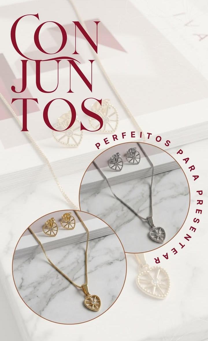 Conjunto colar e brinco coração banhados a ouro e prata, ideais para presente